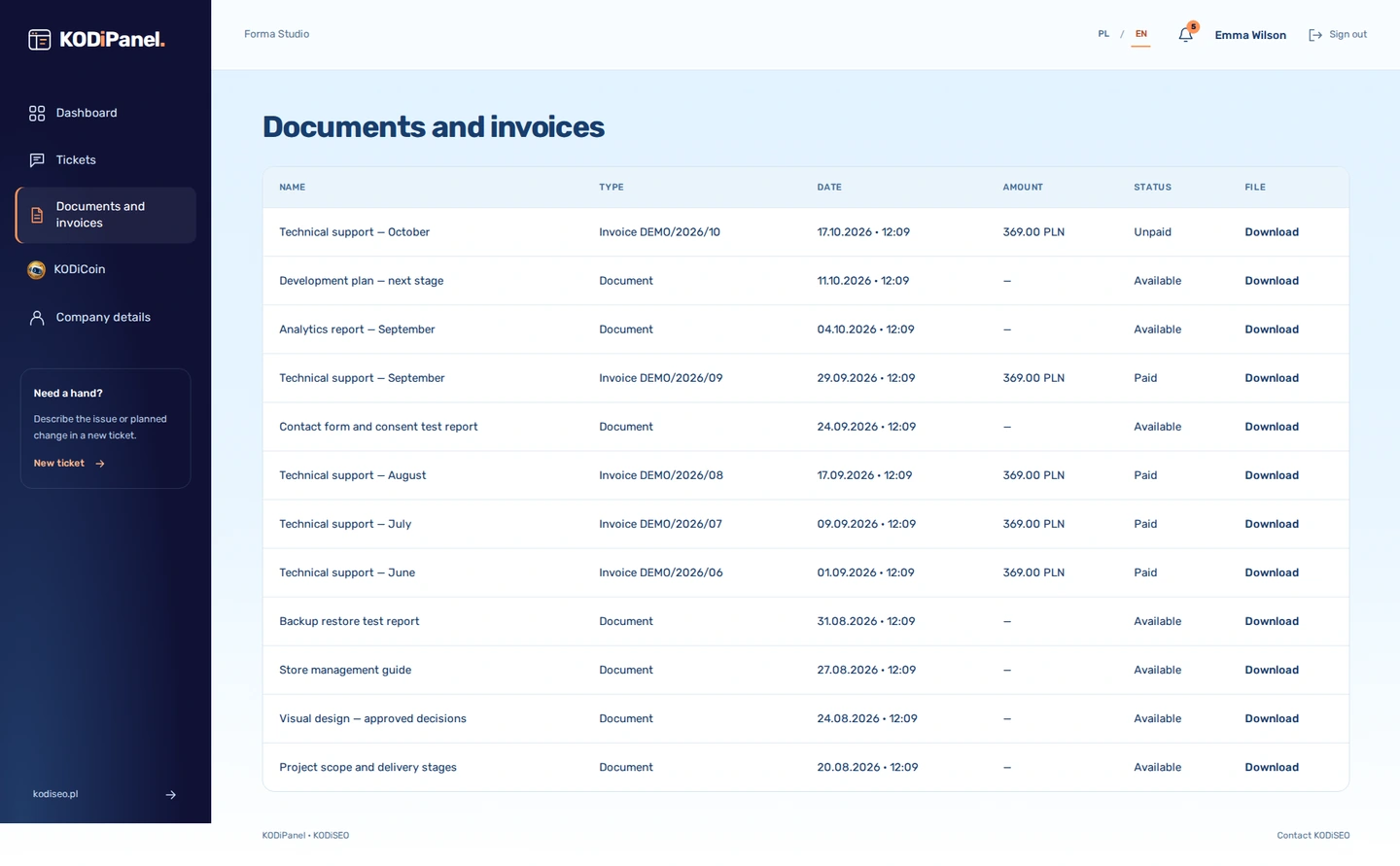 KODiPanel — Documents. Preview of a sample Forma Studio account.