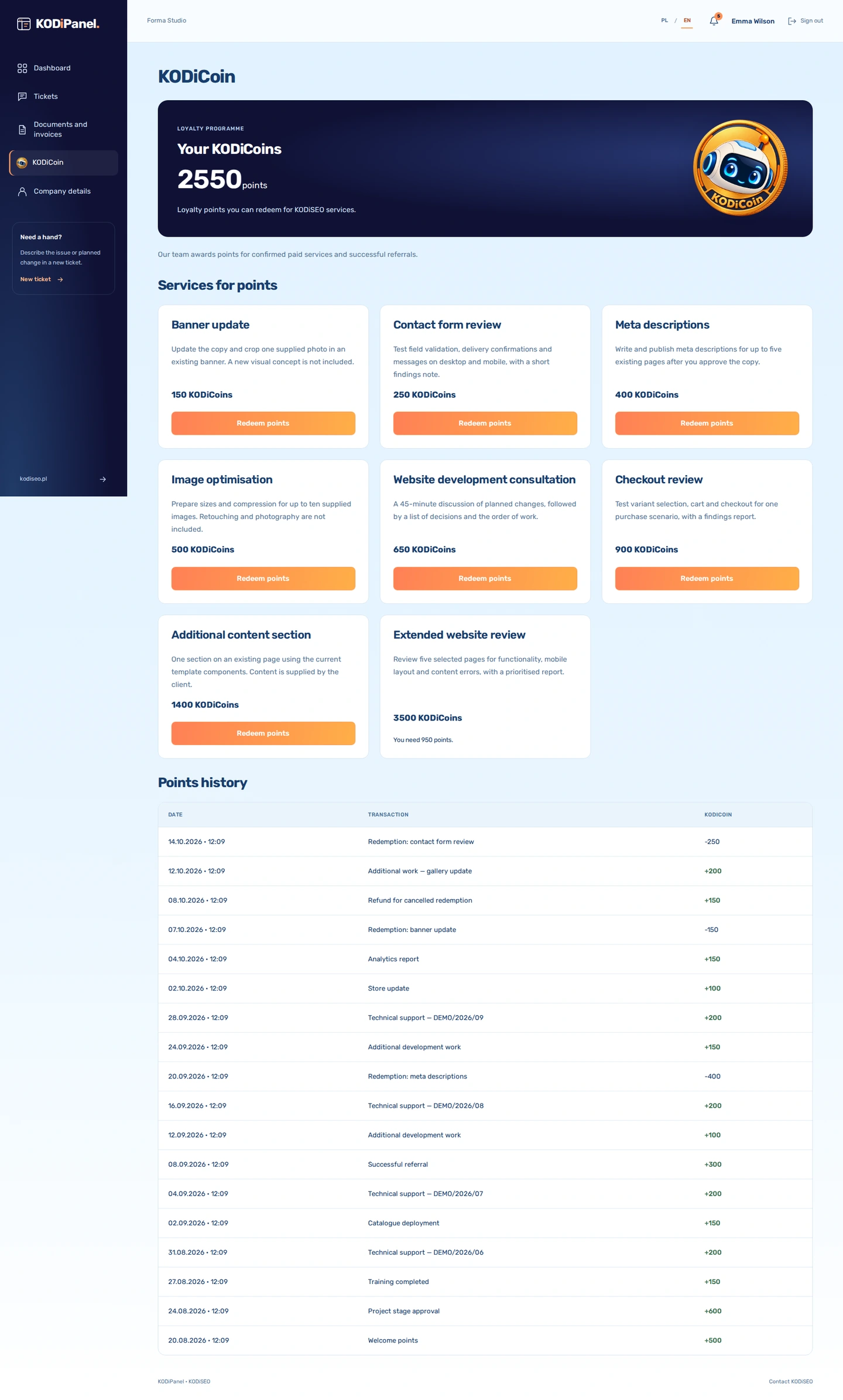 KODiPanel — KODiCoin. Preview of a sample Forma Studio account.
