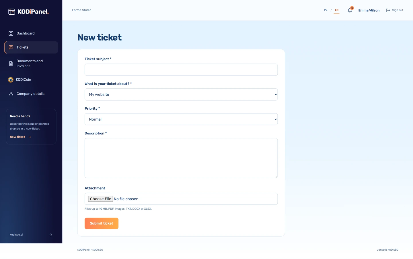 KODiPanel — New ticket. Preview of a sample Forma Studio account.