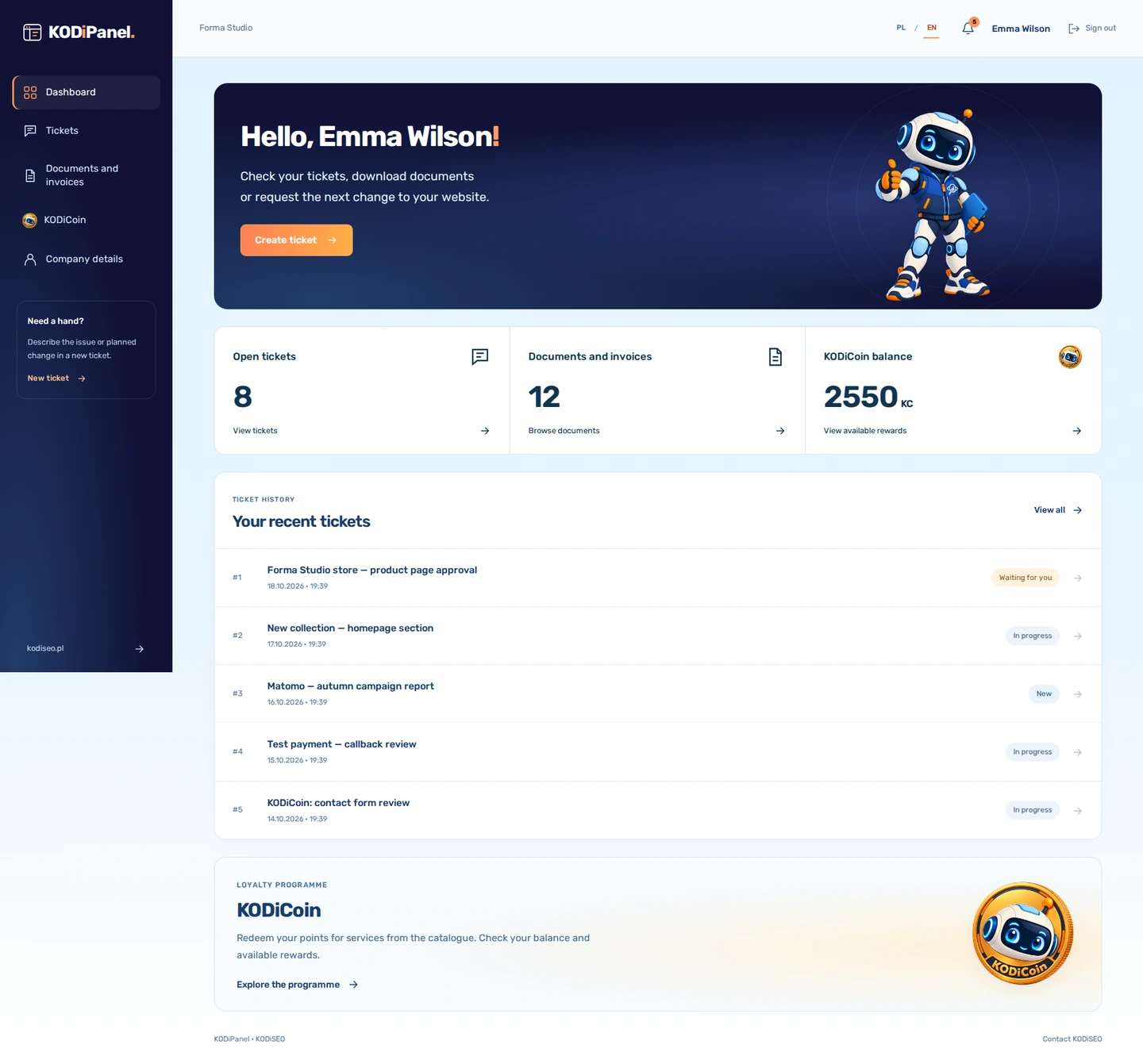 KODiPanel — Dashboard. Preview of a sample Forma Studio account.