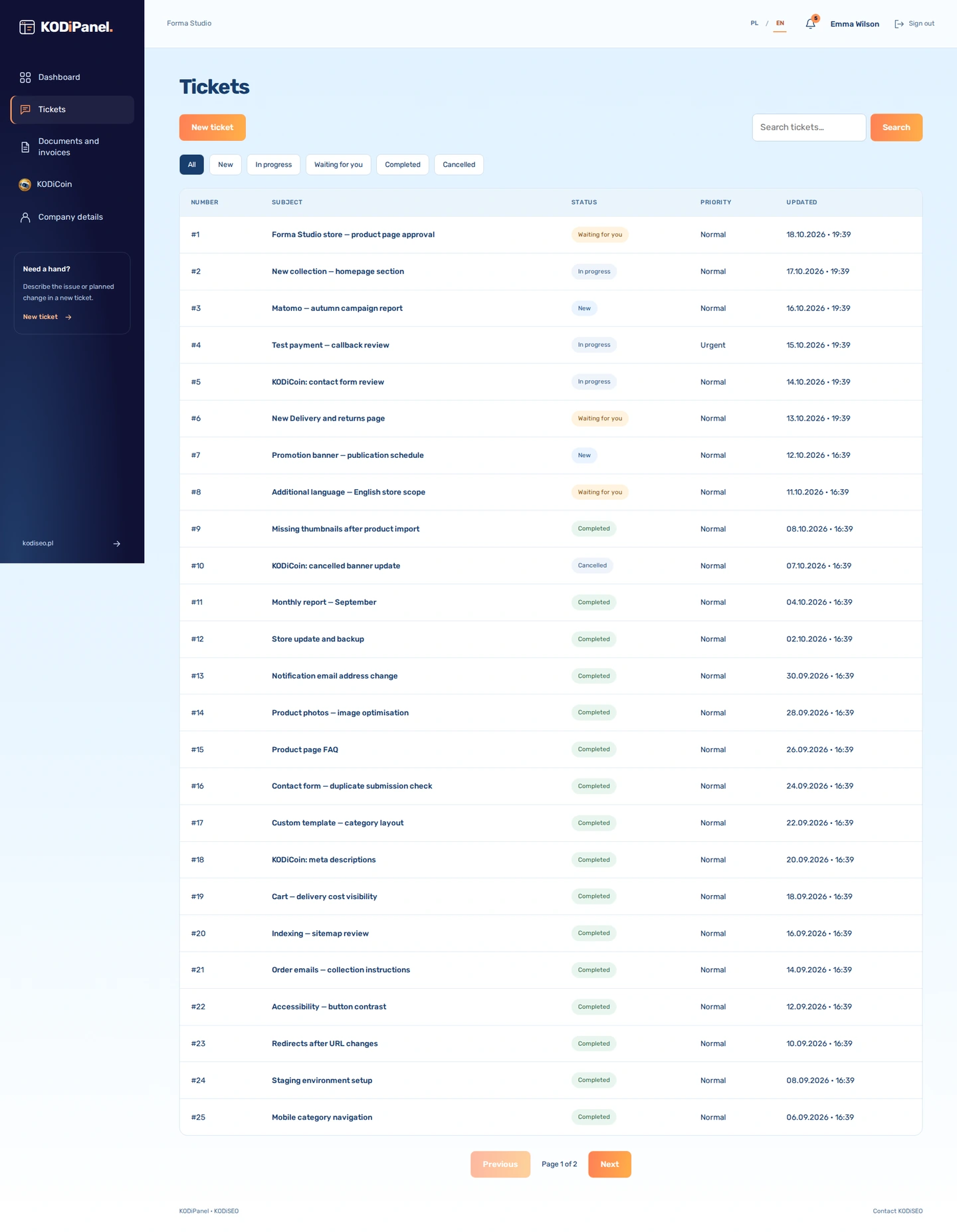 KODiPanel — Tickets. Preview of a sample Forma Studio account.
