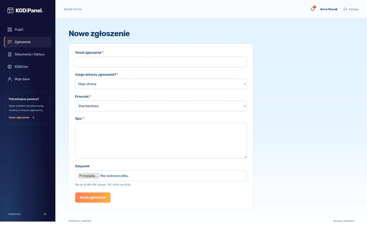 KODiPanel — Nowe zgłoszenie. Widok przykładowego konta Studio Forma.