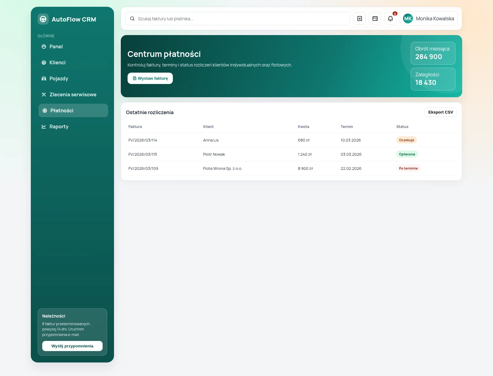 AutoFlow CRM — Płatności