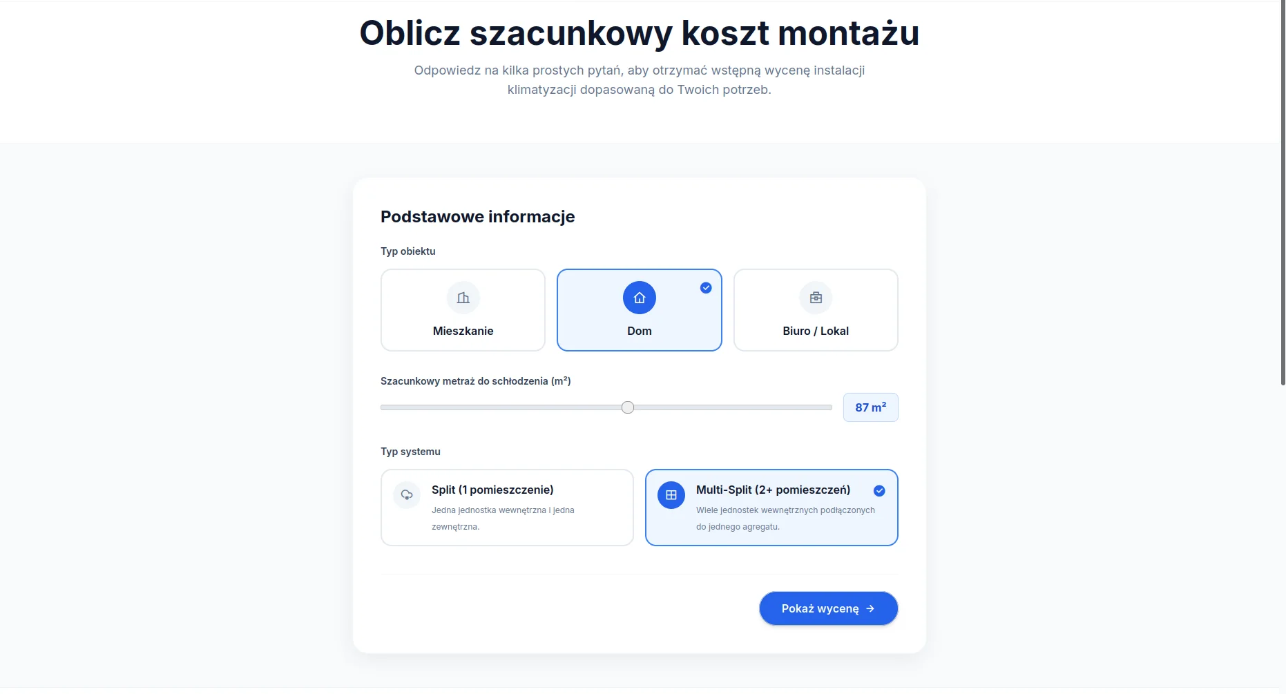 Kalkulator kosztu montażu klimatyzacji — podgląd projektu