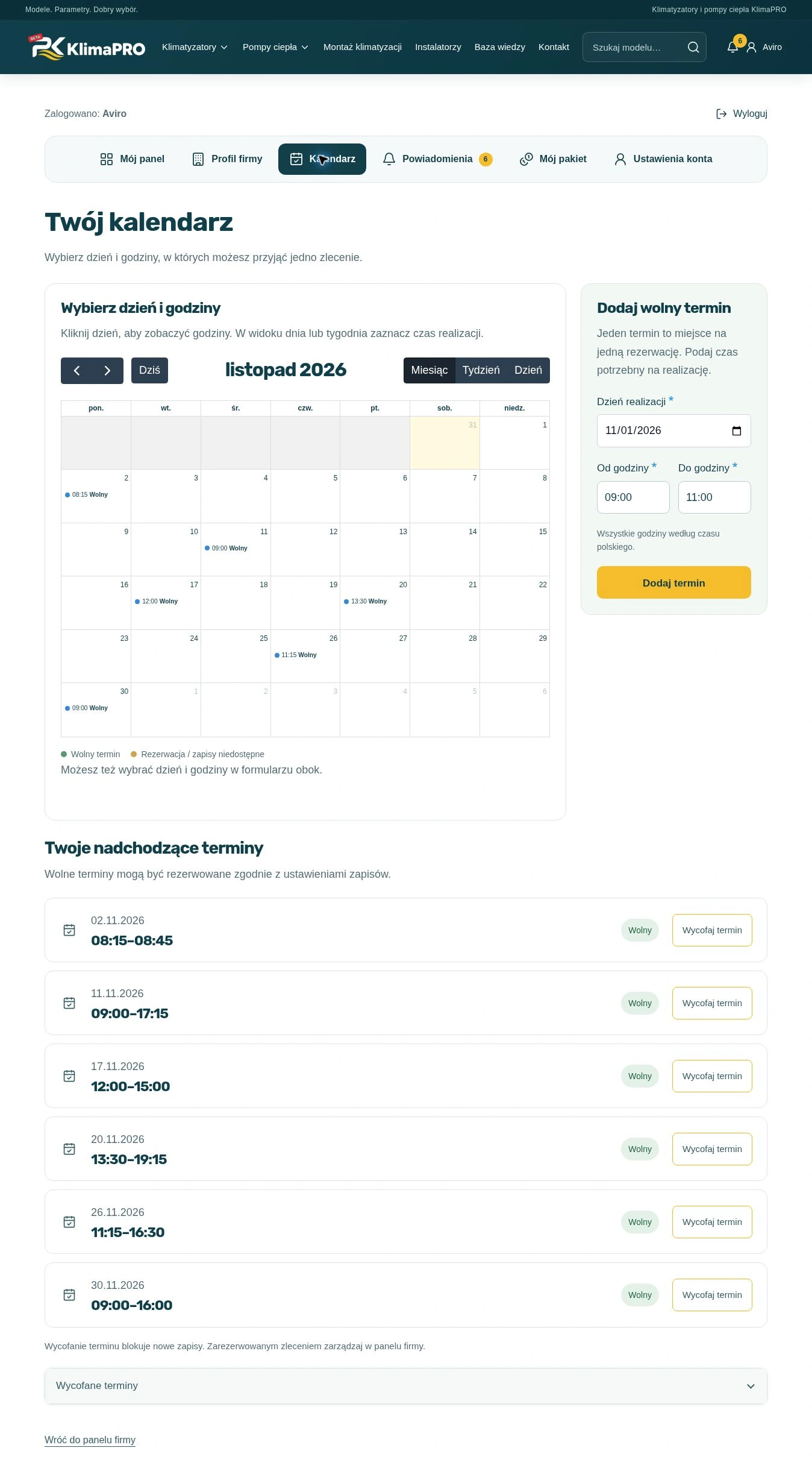 KlimaPRO — equipment and installers — Calendar and appointment bookings