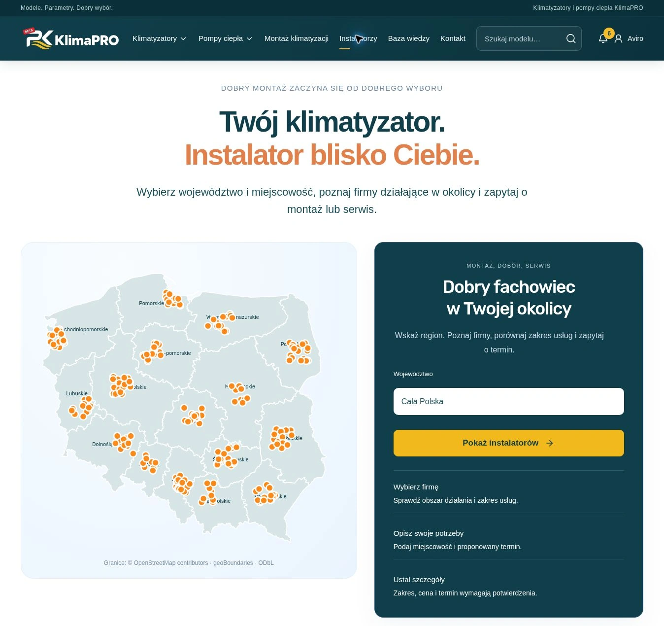 KlimaPRO — equipment and installers — Installer map and region selection