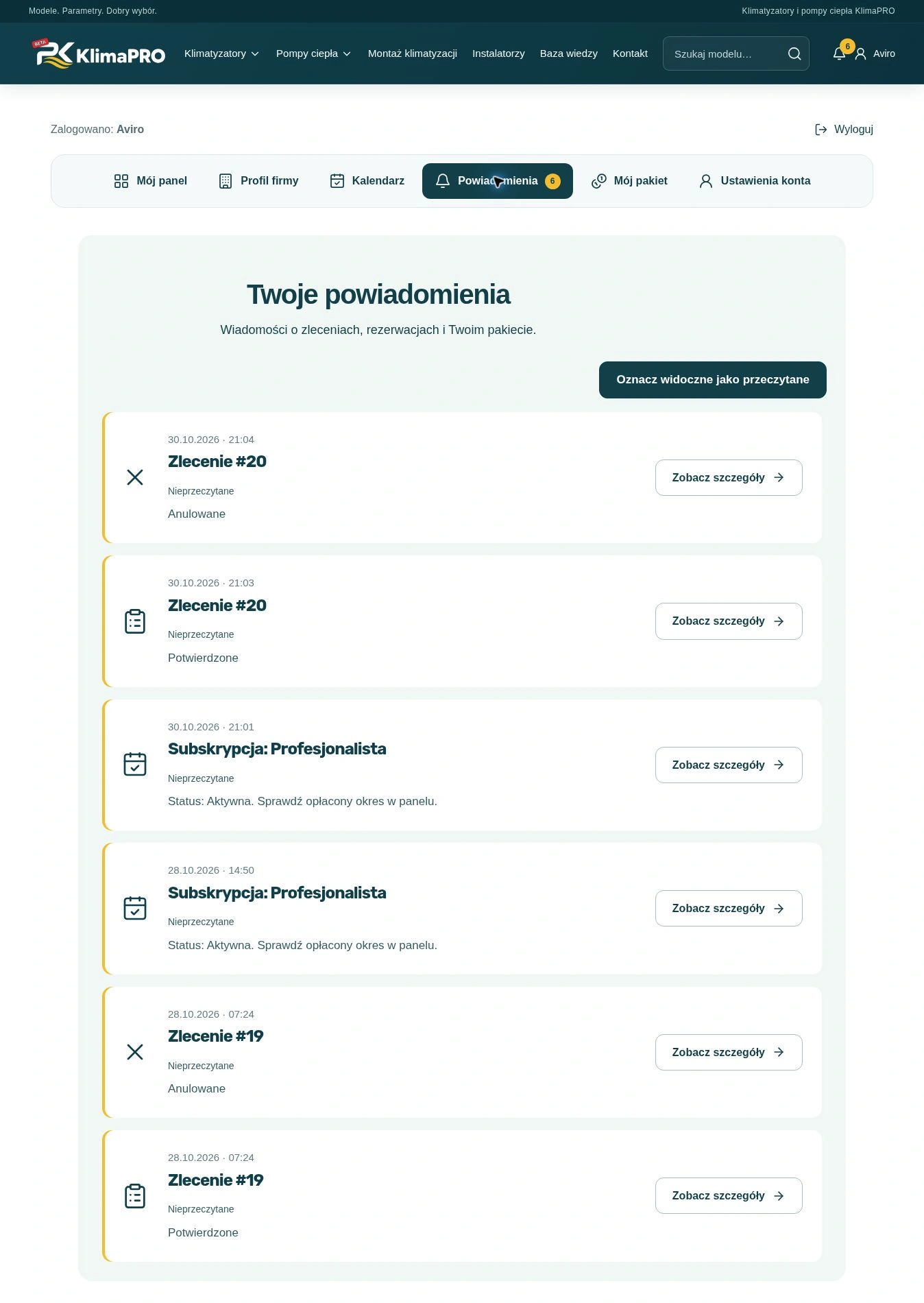 KlimaPRO — equipment and installers — Job and subscription notifications