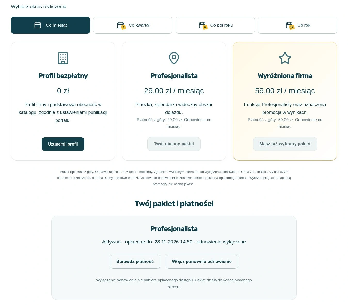KlimaPRO — equipment and installers — Membership plans, payments and renewals