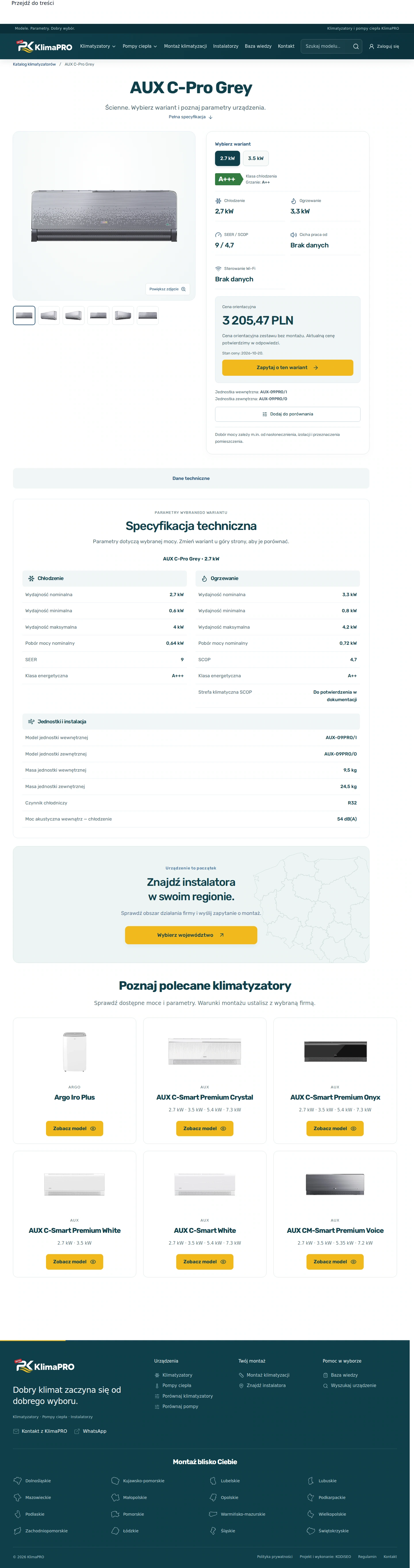KlimaPRO — equipment and installers — Equipment page and specifications