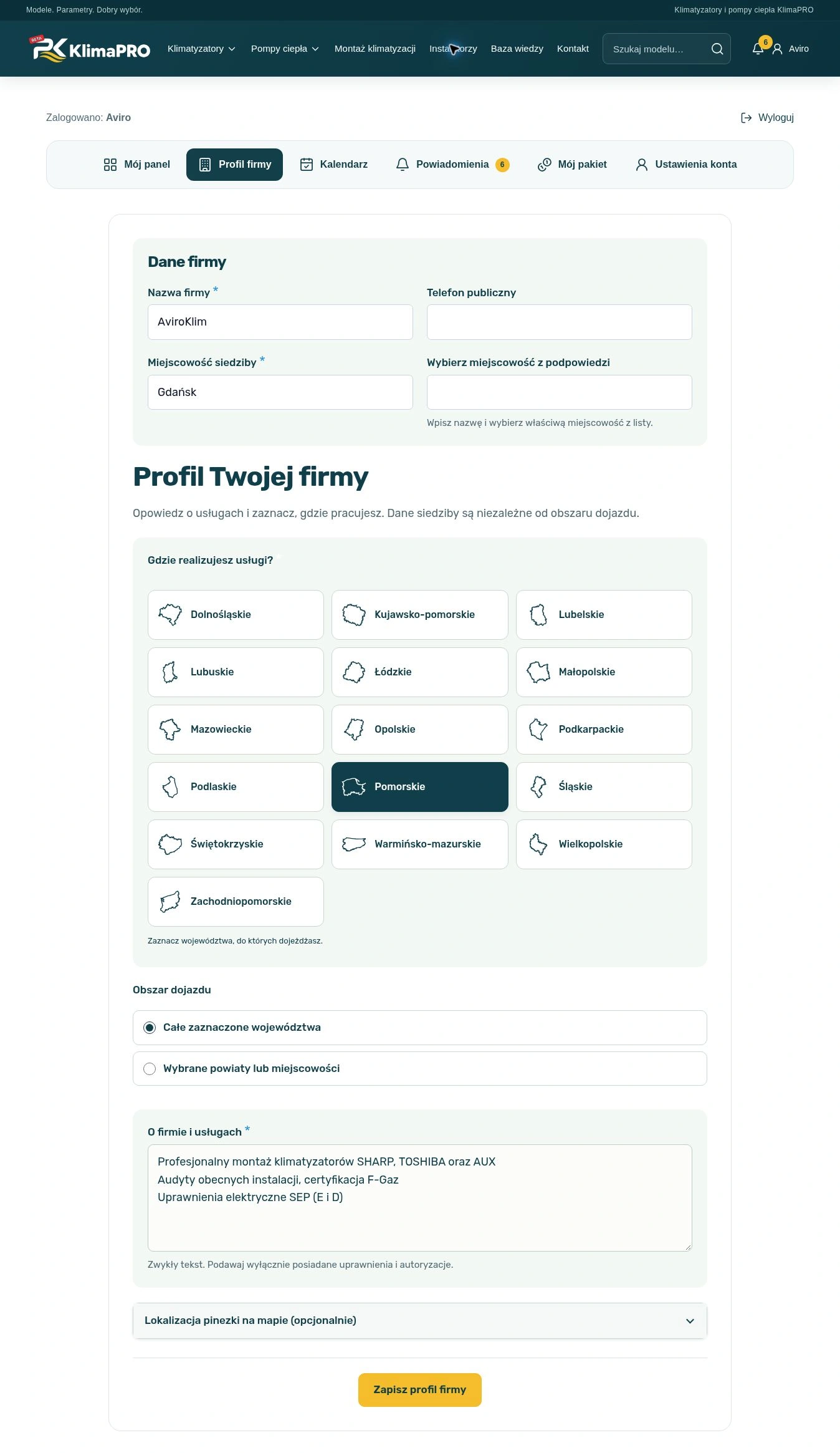 KlimaPRO — equipment and installers — Installer dashboard — company profile